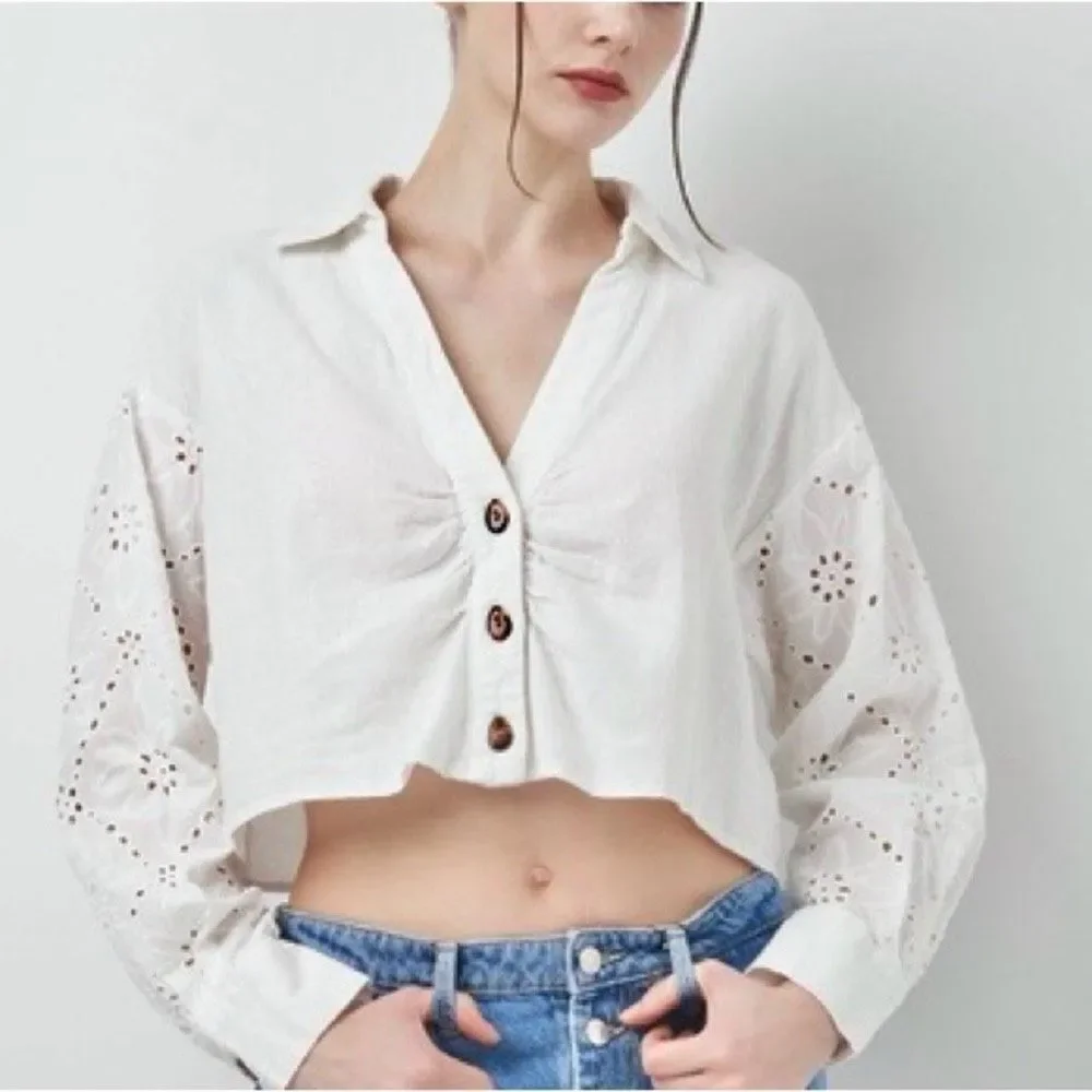 ZARA White Linen Blend Eyelet Long Sleeve Crop Top Size M